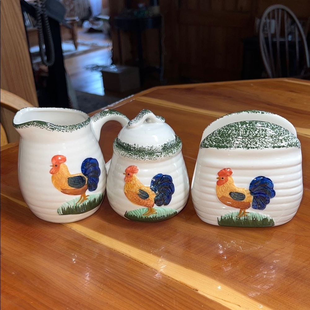 Hand-Painted Rooster Ceramic Creamer, Sugar Jar & Napkin Holder Set Farmhouse